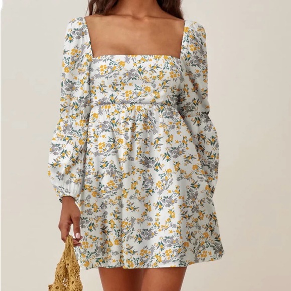 Exlura Dresses & Skirts - Square-Neck Mini Dress in White with Yellow Floral Print